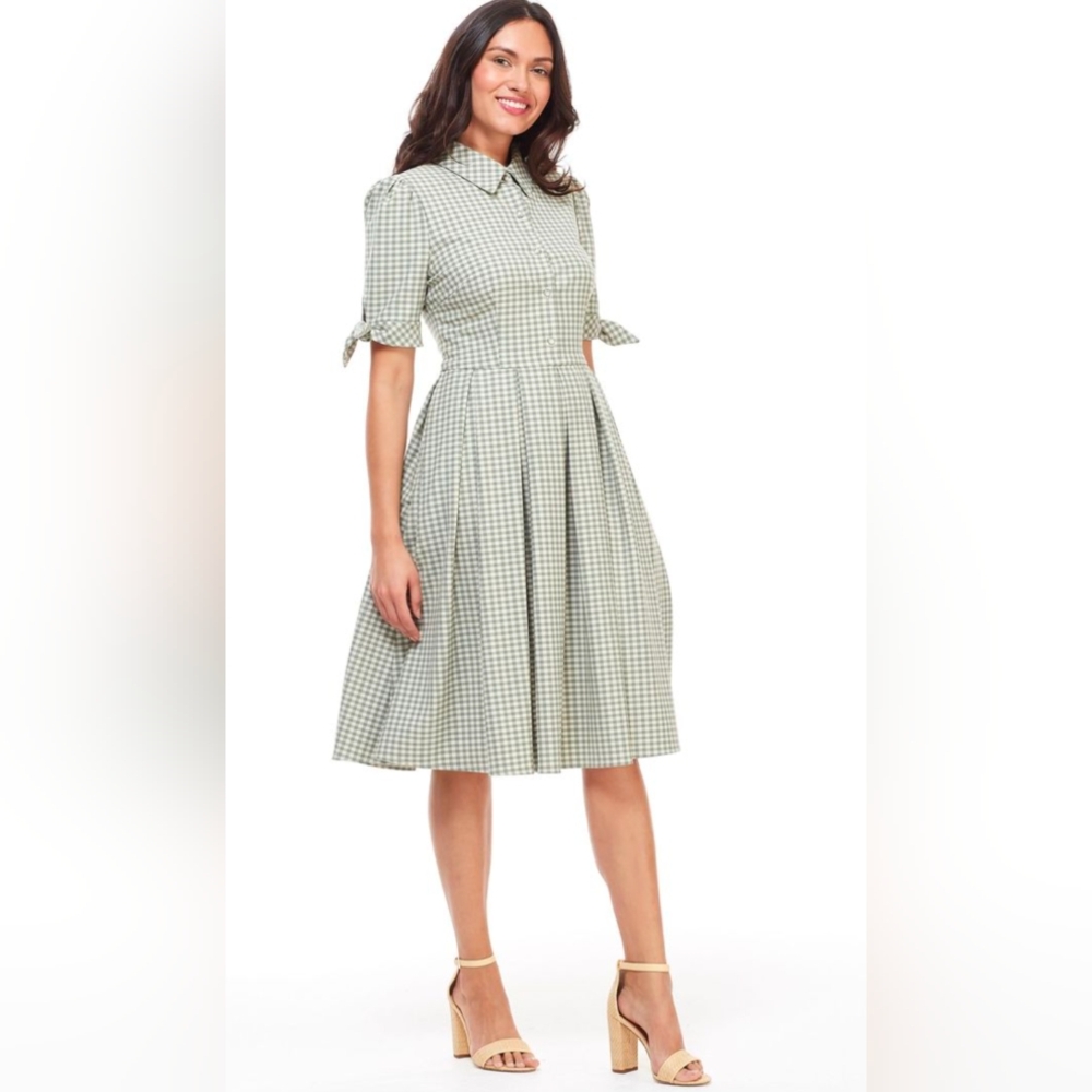 Gal Meets Glam Green and White Gingham Midi Shirt Dress